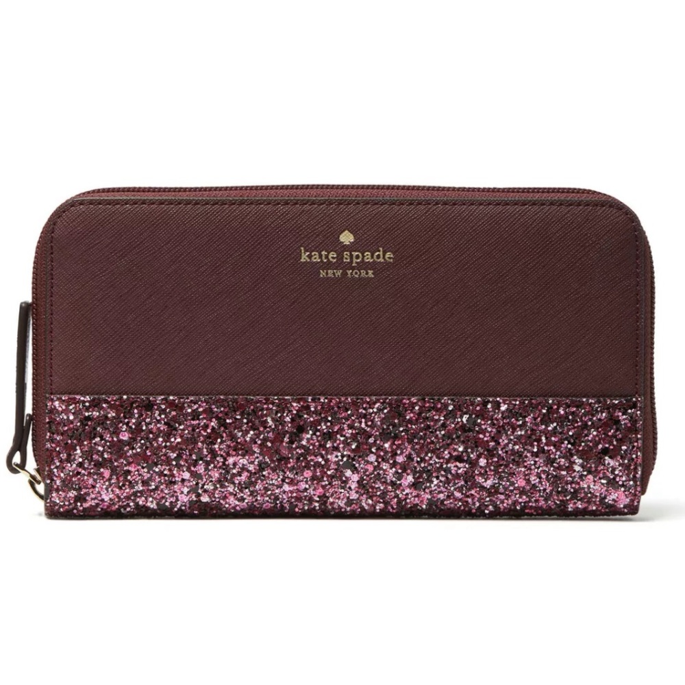 New Kate Spade Greta Court Glitter Neda Large Continental Wallet Cherrywood